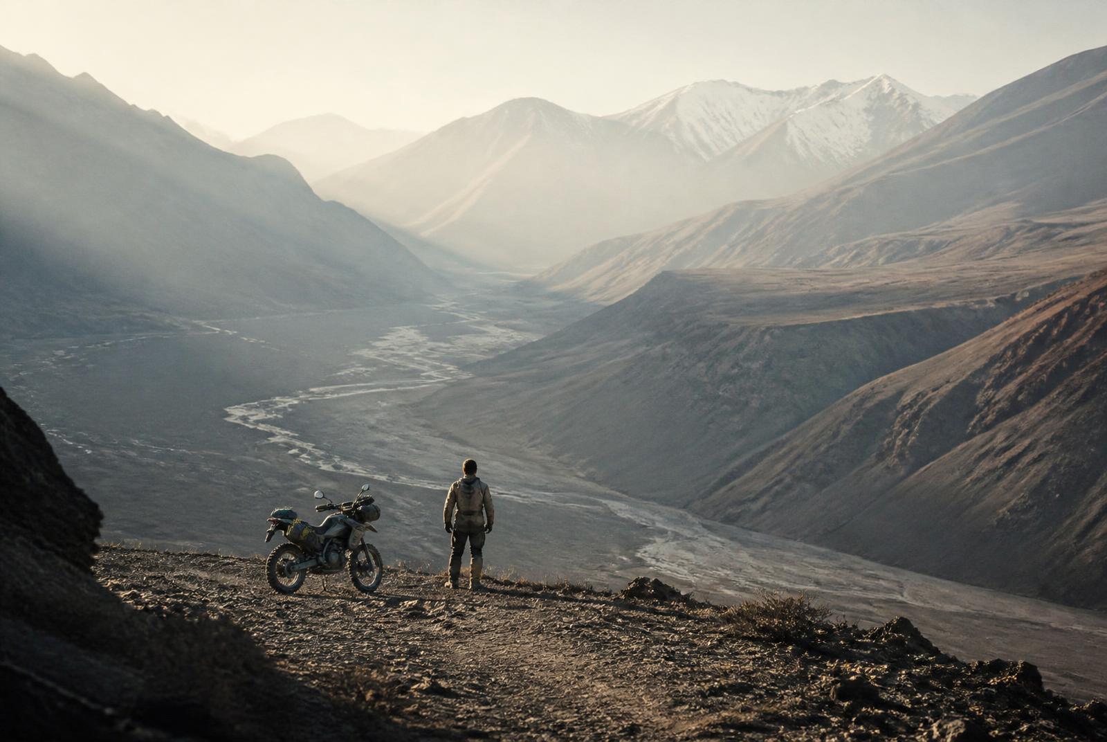 A rider standing beside their motorcycle above an immense valley